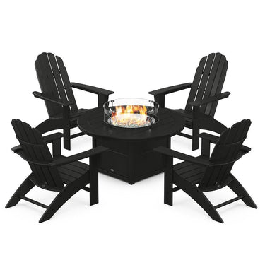 POLYWOOD Vineyard 5-Piece Curveback Adirondack Conversation Set w/ Fire Pit Table - Black